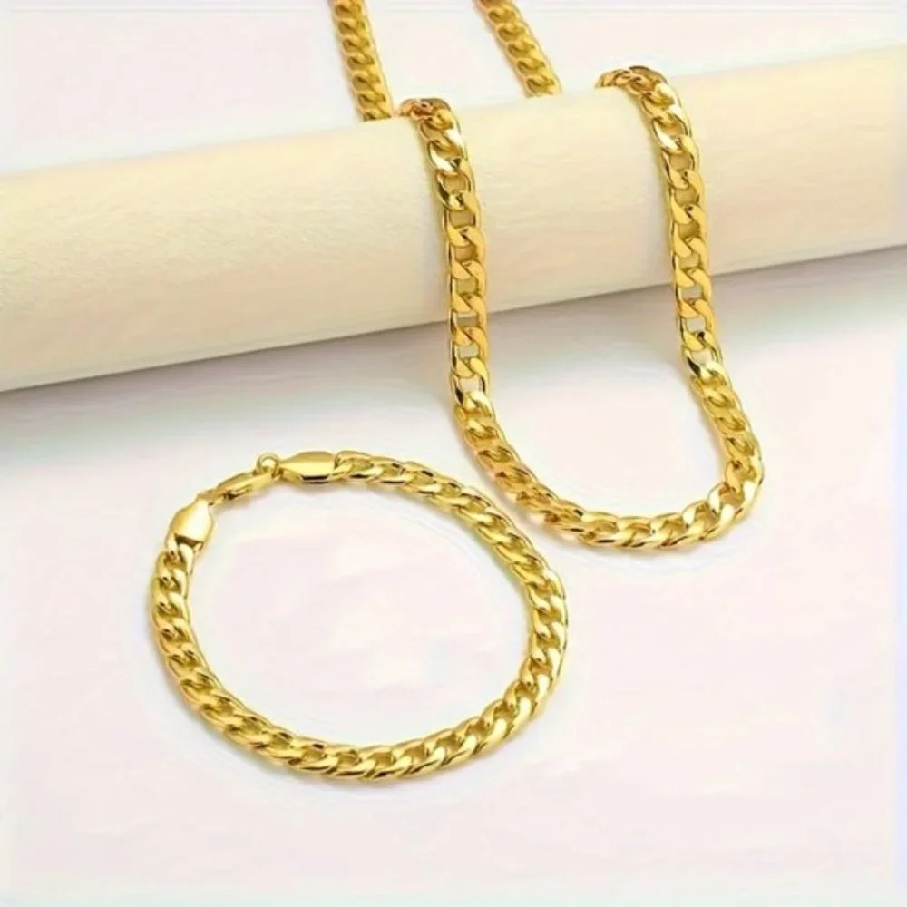 2pcs 18k Golden Plated Cuban Chain - Stylish Fusion of Bracelet and Neck…